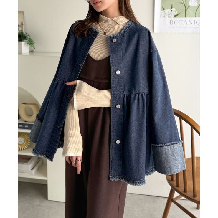 フリンジ×デニムの最強コンビ！綿100％ペプラムノーカラーデニムジャケット | Classical Elf  | 詳細画像18 