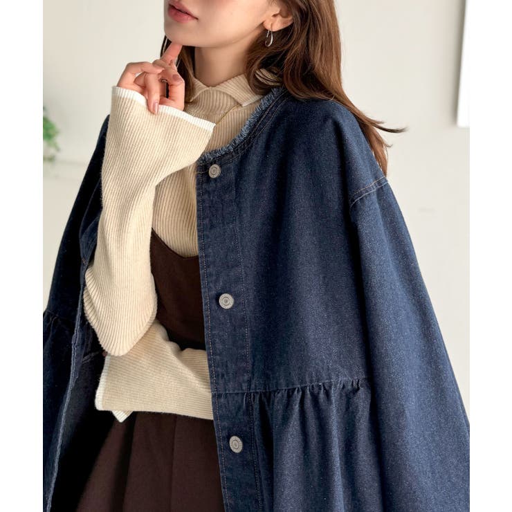 フリンジ×デニムの最強コンビ！綿100％ペプラムノーカラーデニムジャケット | Classical Elf  | 詳細画像19 