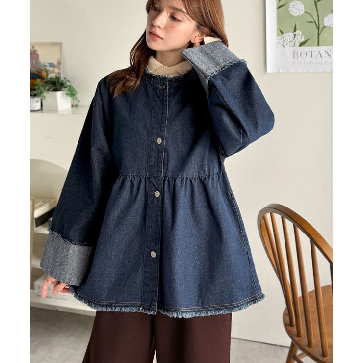 フリンジ×デニムの最強コンビ！綿100％ペプラムノーカラーデニムジャケット | Classical Elf  | 詳細画像20 