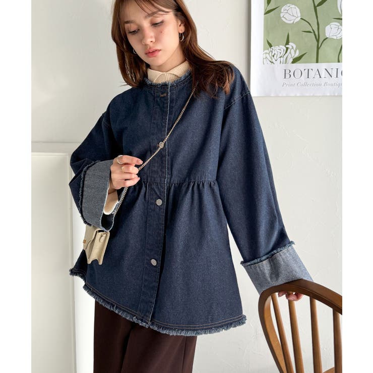 フリンジ×デニムの最強コンビ！綿100％ペプラムノーカラーデニムジャケット | Classical Elf  | 詳細画像21 