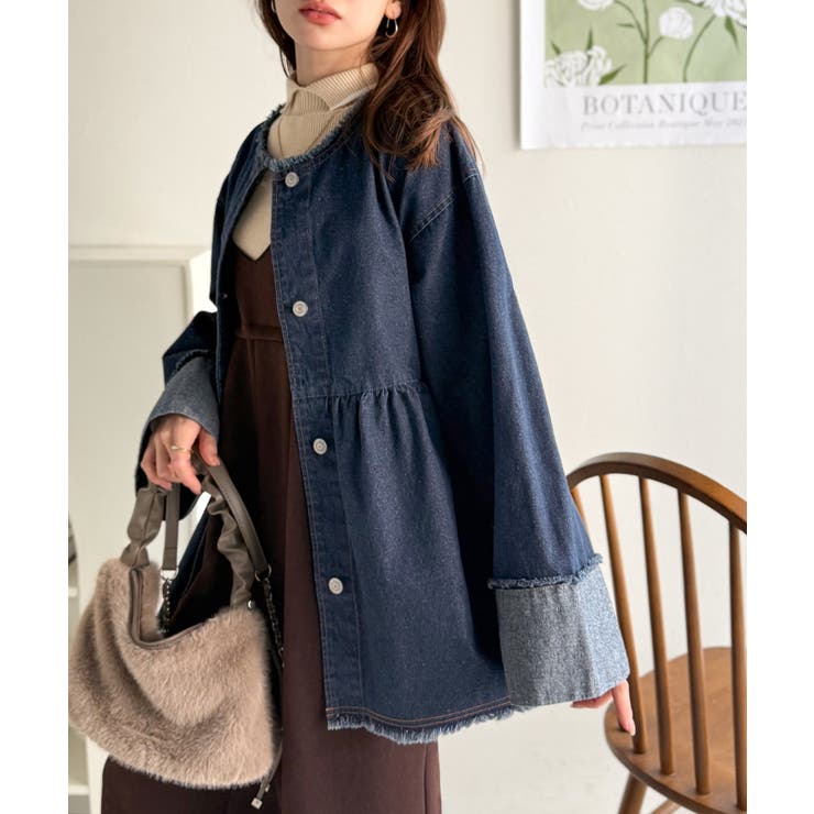 フリンジ×デニムの最強コンビ！綿100％ペプラムノーカラーデニムジャケット | Classical Elf  | 詳細画像22 