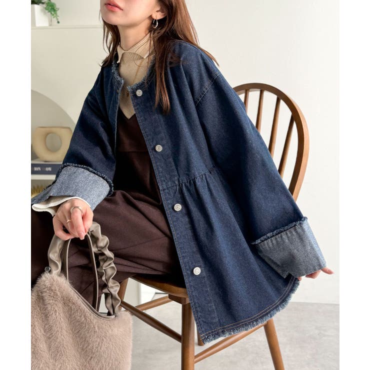 フリンジ×デニムの最強コンビ！綿100％ペプラムノーカラーデニムジャケット | Classical Elf  | 詳細画像24 