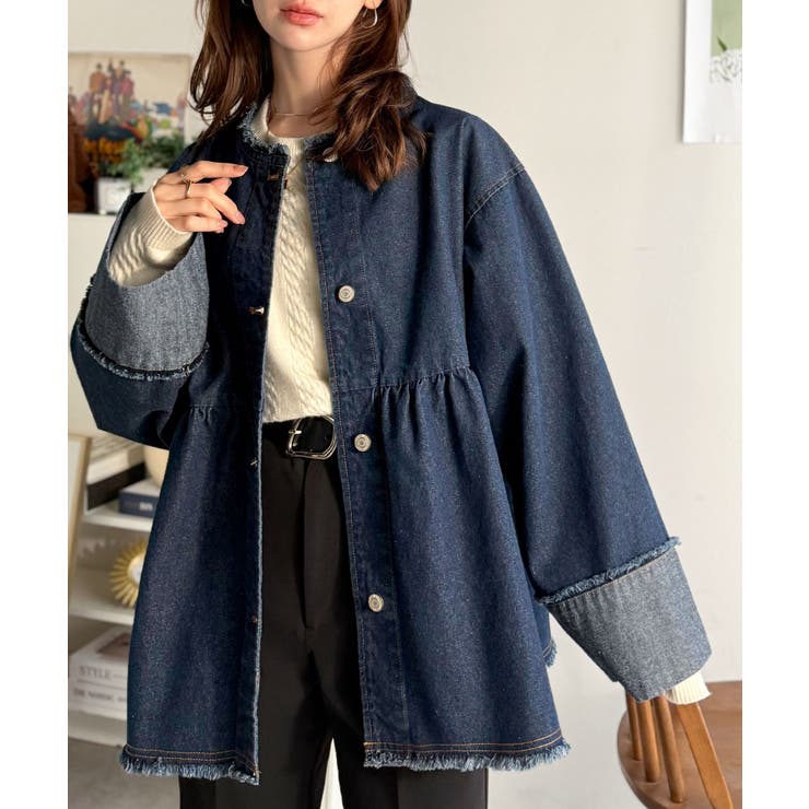 フリンジ×デニムの最強コンビ！綿100％ペプラムノーカラーデニムジャケット | Classical Elf  | 詳細画像26 