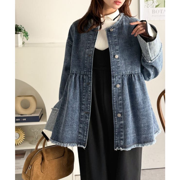 ブルー | フリンジ×デニムの最強コンビ！綿100％ペプラムノーカラーデニムジャケット | Classical Elf 