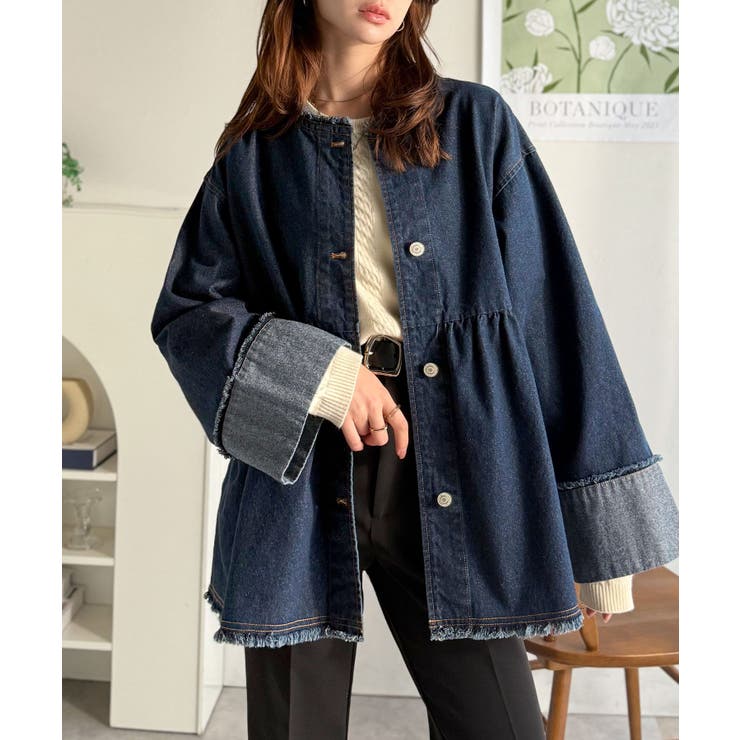 フリンジ×デニムの最強コンビ！綿100％ペプラムノーカラーデニムジャケット | Classical Elf  | 詳細画像27 
