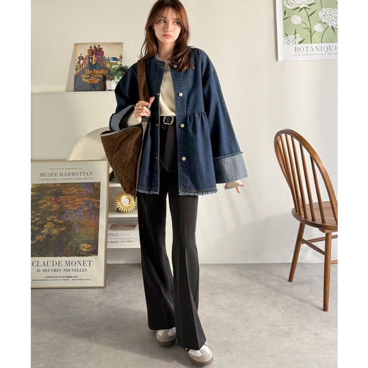 フリンジ×デニムの最強コンビ！綿100％ペプラムノーカラーデニムジャケット | Classical Elf  | 詳細画像28 