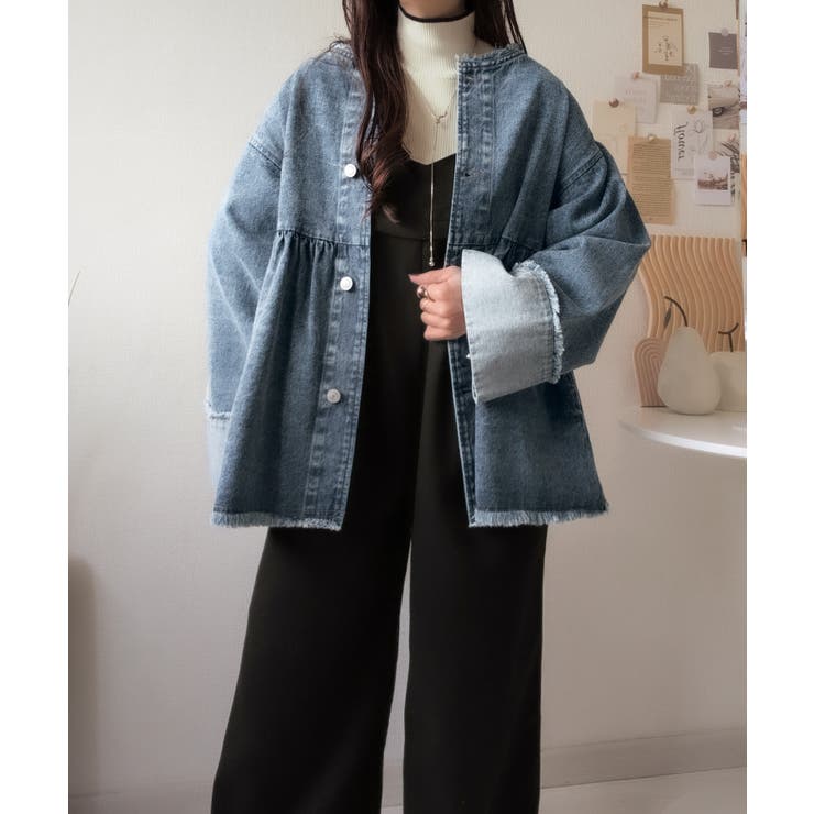 フリンジ×デニムの最強コンビ！綿100％ペプラムノーカラーデニムジャケット | Classical Elf  | 詳細画像30 