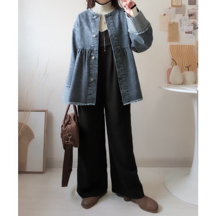 フリンジ×デニムの最強コンビ！綿100％ペプラムノーカラーデニムジャケット | Classical Elf  | 詳細画像32 