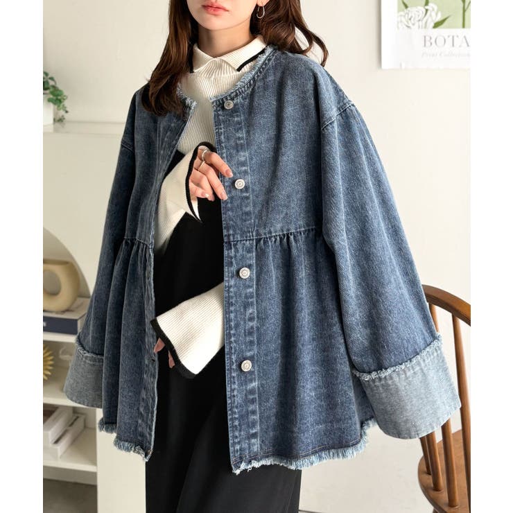 フリンジ×デニムの最強コンビ！綿100％ペプラムノーカラーデニムジャケット | Classical Elf  | 詳細画像33 