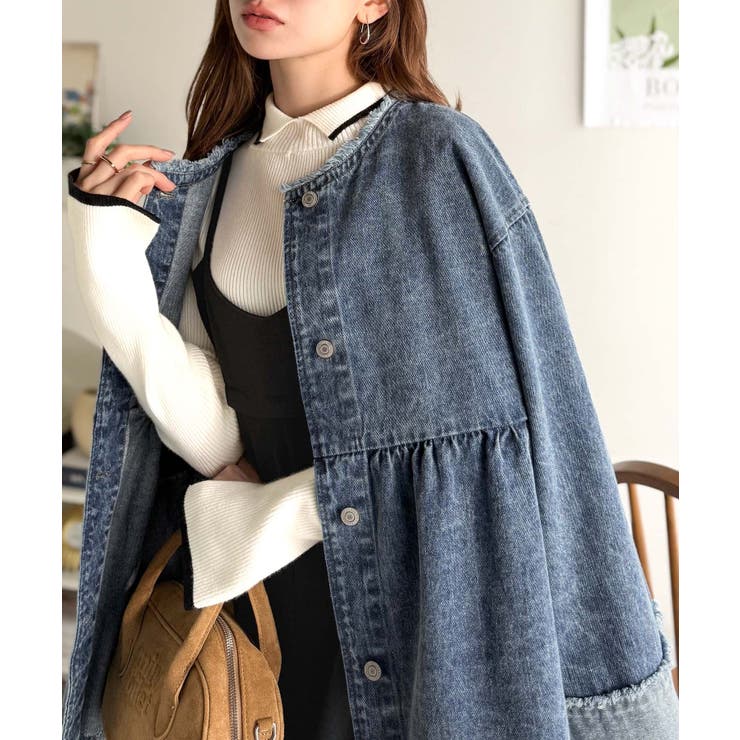 フリンジ×デニムの最強コンビ！綿100％ペプラムノーカラーデニムジャケット | Classical Elf  | 詳細画像34 