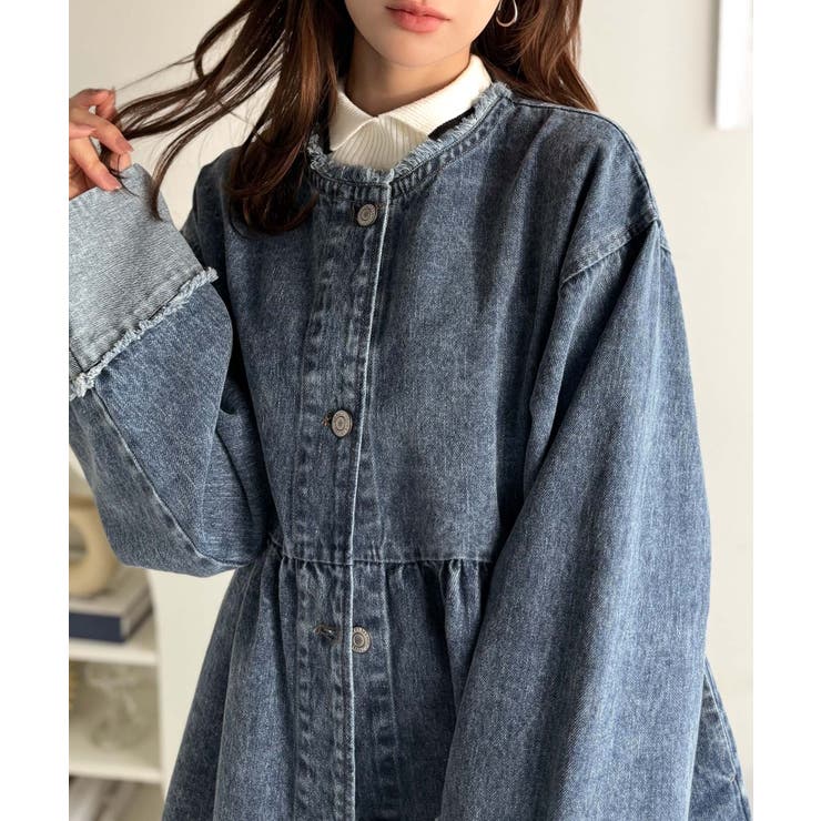 フリンジ×デニムの最強コンビ！綿100％ペプラムノーカラーデニムジャケット | Classical Elf  | 詳細画像35 