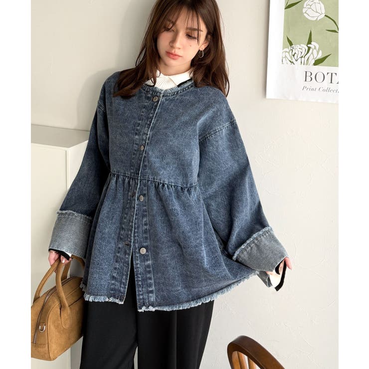 フリンジ×デニムの最強コンビ！綿100％ペプラムノーカラーデニムジャケット | Classical Elf  | 詳細画像36 