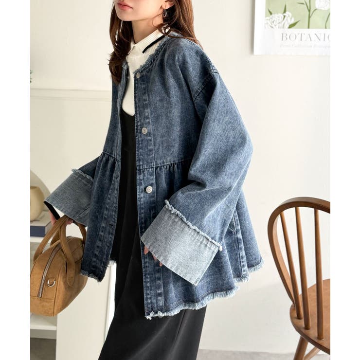 フリンジ×デニムの最強コンビ！綿100％ペプラムノーカラーデニムジャケット | Classical Elf  | 詳細画像37 