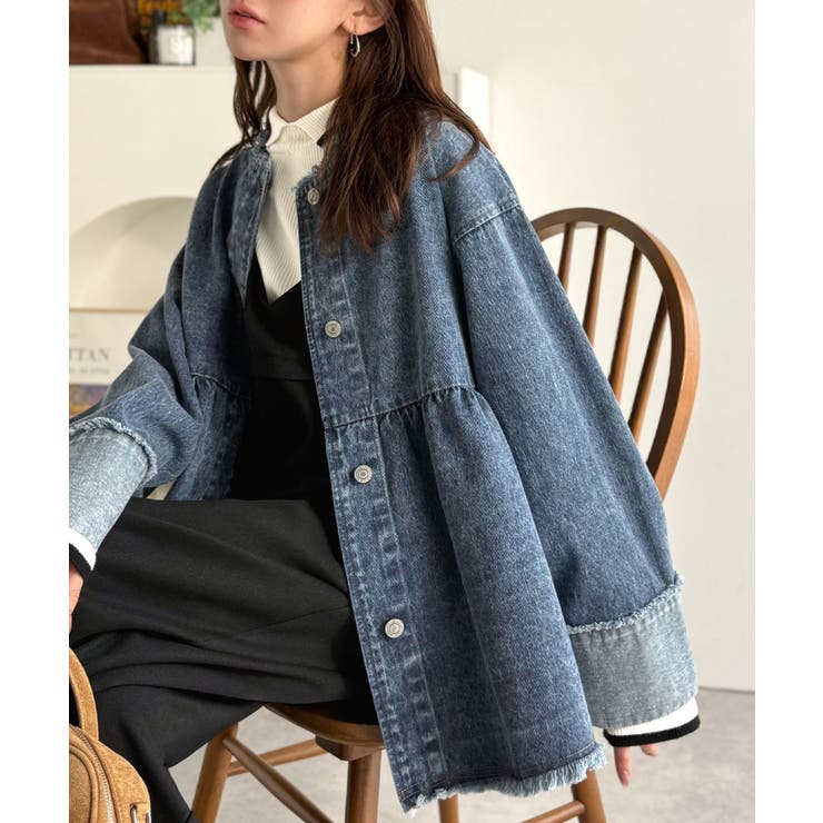 フリンジ×デニムの最強コンビ！綿100％ペプラムノーカラーデニムジャケット | Classical Elf  | 詳細画像38 