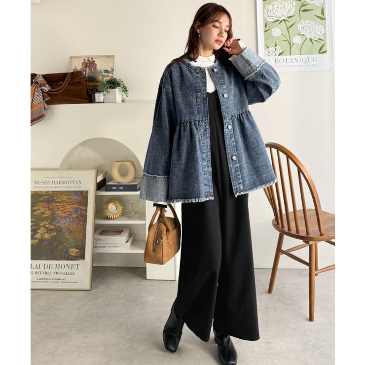 フリンジ×デニムの最強コンビ！綿100％ペプラムノーカラーデニムジャケット | Classical Elf  | 詳細画像39 