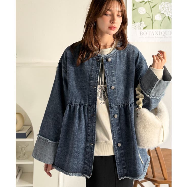 フリンジ×デニムの最強コンビ！綿100％ペプラムノーカラーデニムジャケット | Classical Elf  | 詳細画像40 