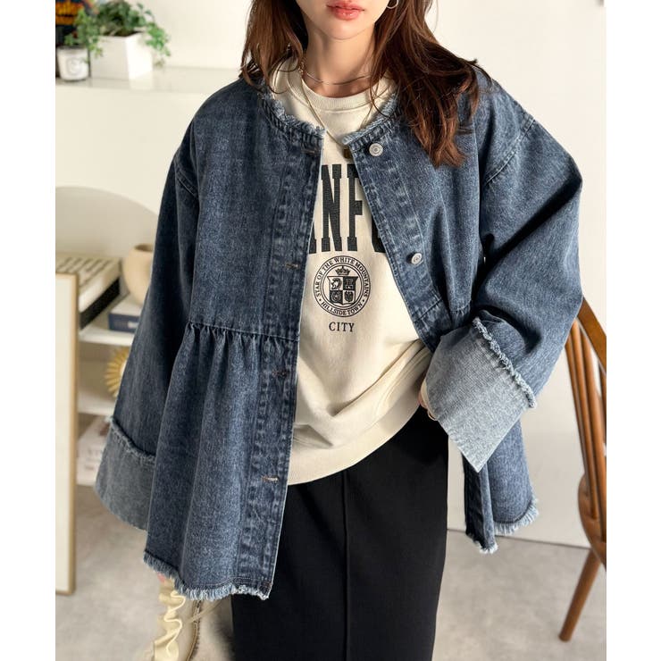 フリンジ×デニムの最強コンビ！綿100％ペプラムノーカラーデニムジャケット | Classical Elf  | 詳細画像41 