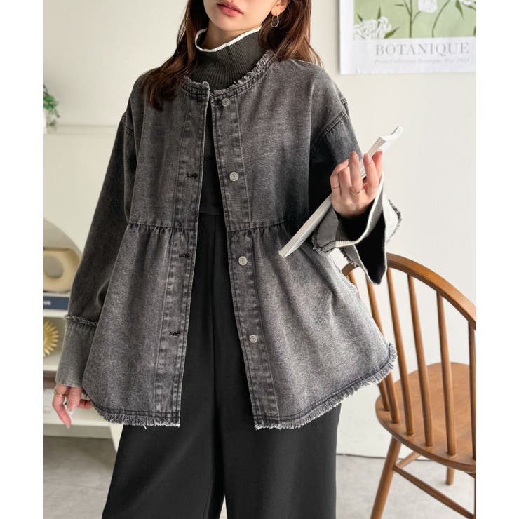 フリンジ×デニムの最強コンビ！綿100％ペプラムノーカラーデニムジャケット | Classical Elf  | 詳細画像5 