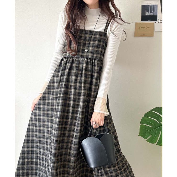 ブラックチェック | 微起毛素材で秋冬にぴったり♪チェック柄ダブルストラップバックリボンキャミワンピ | Classical Elf 