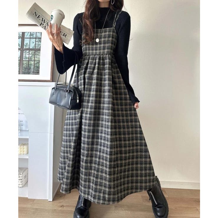 微起毛素材で秋冬にぴったり♪チェック柄ダブルストラップバックリボンキャミワンピ | Classical Elf  | 詳細画像8 