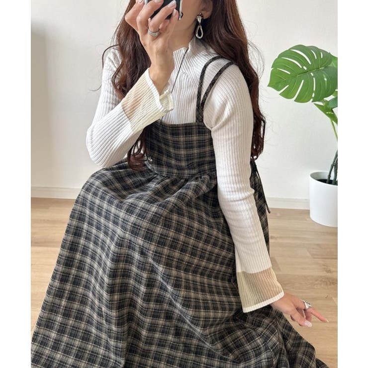 微起毛素材で秋冬にぴったり♪チェック柄ダブルストラップバックリボンキャミワンピ | Classical Elf  | 詳細画像10 