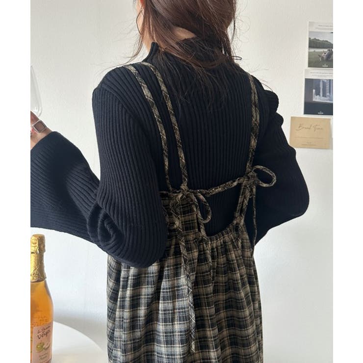 微起毛素材で秋冬にぴったり♪チェック柄ダブルストラップバックリボンキャミワンピ | Classical Elf  | 詳細画像13 