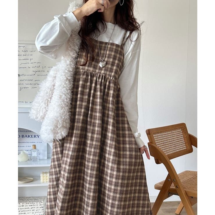 微起毛素材で秋冬にぴったり♪チェック柄ダブルストラップバックリボンキャミワンピ | Classical Elf  | 詳細画像14 