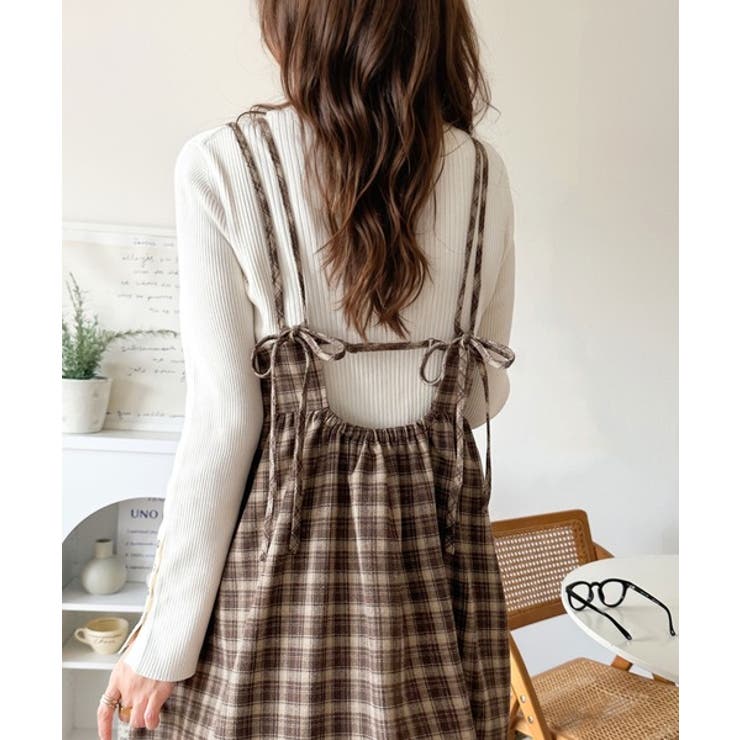 ブラウンチェック | 微起毛素材で秋冬にぴったり♪チェック柄ダブルストラップバックリボンキャミワンピ | Classical Elf 