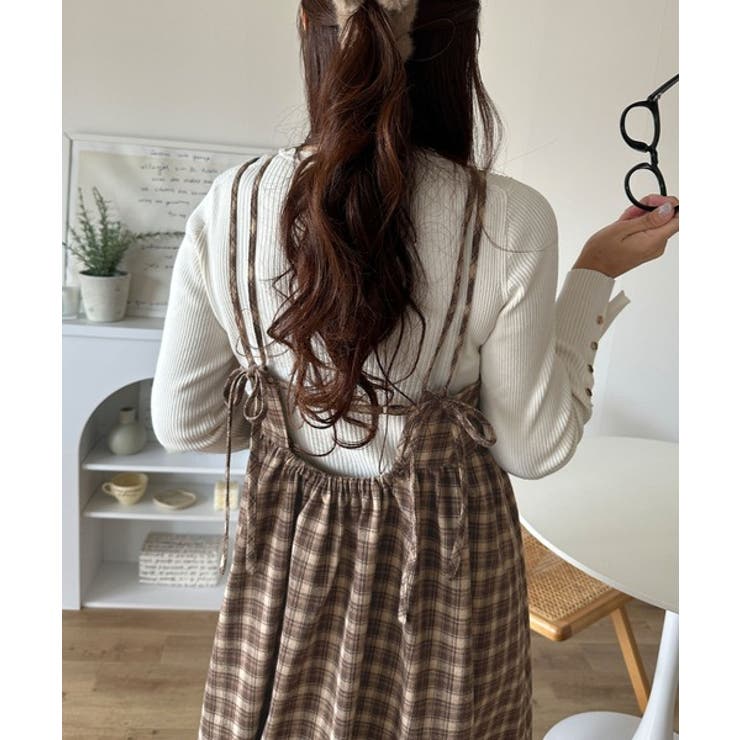 微起毛素材で秋冬にぴったり♪チェック柄ダブルストラップバックリボンキャミワンピ | Classical Elf  | 詳細画像17 