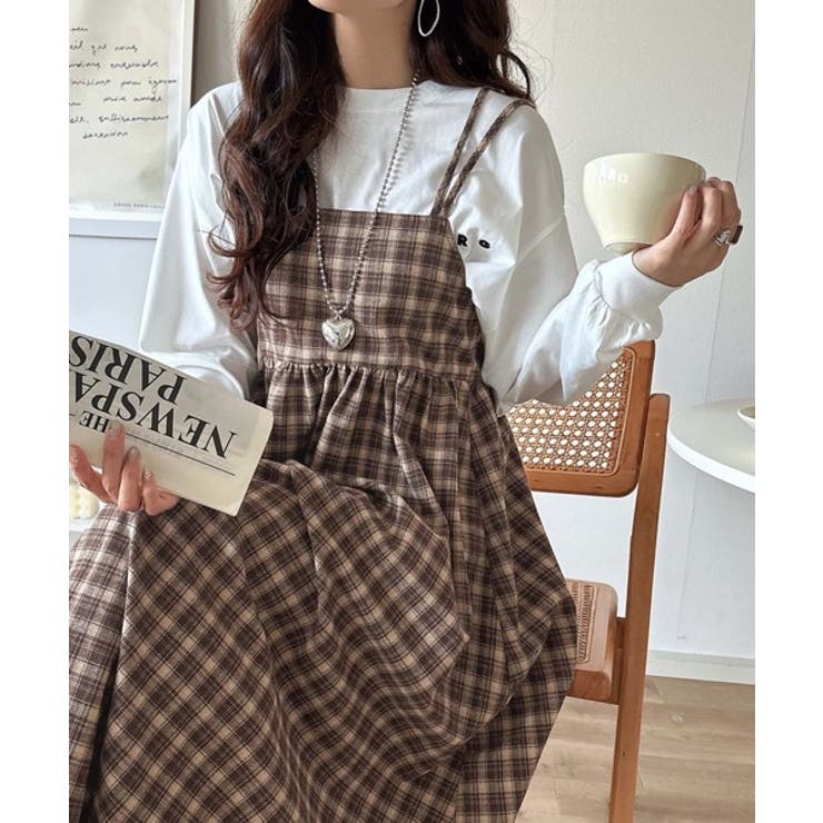 微起毛素材で秋冬にぴったり♪チェック柄ダブルストラップバックリボンキャミワンピ | Classical Elf  | 詳細画像18 