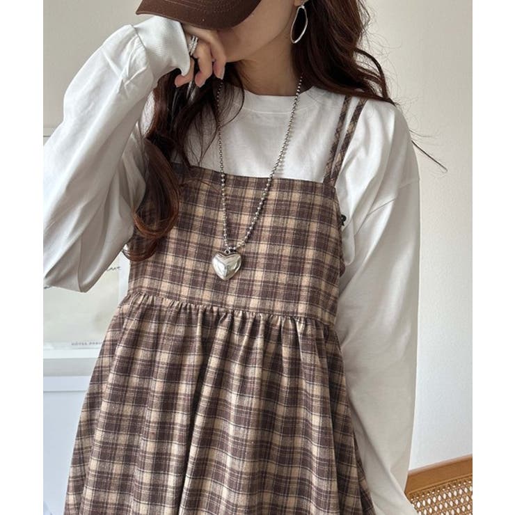 微起毛素材で秋冬にぴったり♪チェック柄ダブルストラップバックリボンキャミワンピ | Classical Elf  | 詳細画像19 