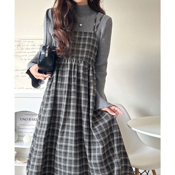 チャコールチェック | 微起毛素材で秋冬にぴったり♪チェック柄ダブルストラップバックリボンキャミワンピ | Classical Elf 
