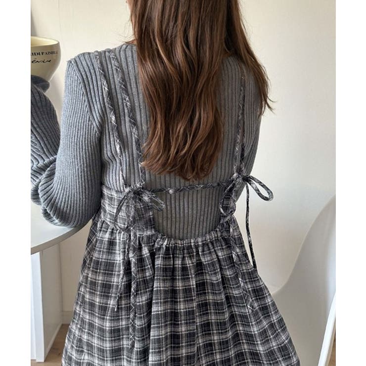 微起毛素材で秋冬にぴったり♪チェック柄ダブルストラップバックリボンキャミワンピ | Classical Elf  | 詳細画像1 