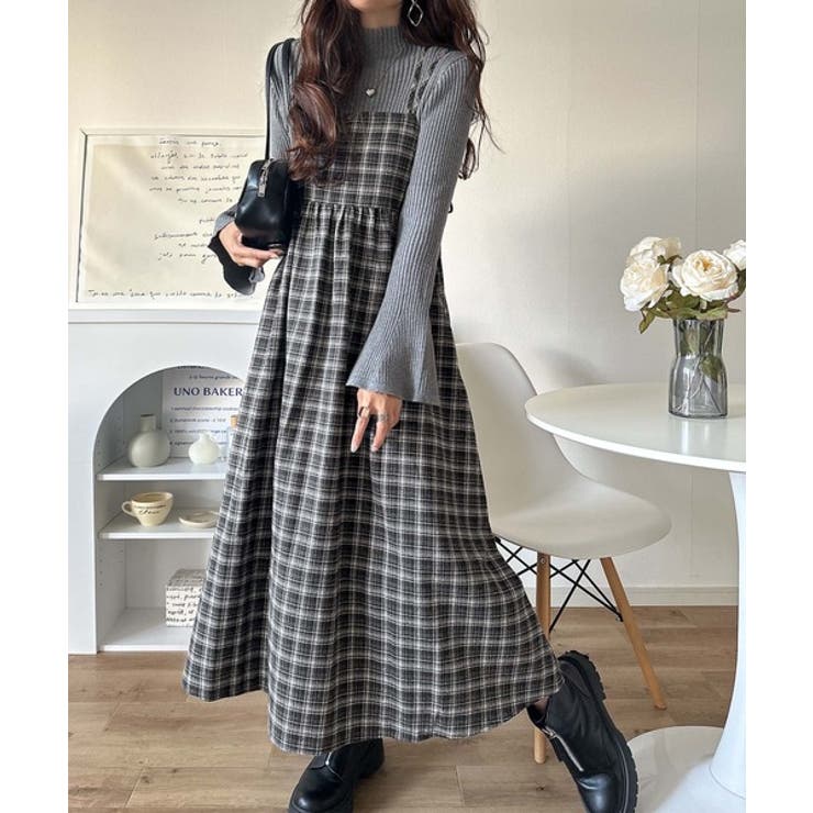微起毛素材で秋冬にぴったり♪チェック柄ダブルストラップバックリボンキャミワンピ | Classical Elf  | 詳細画像2 