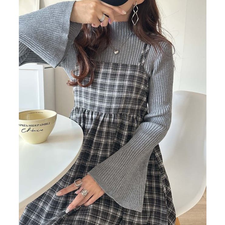 微起毛素材で秋冬にぴったり♪チェック柄ダブルストラップバックリボンキャミワンピ | Classical Elf  | 詳細画像3 