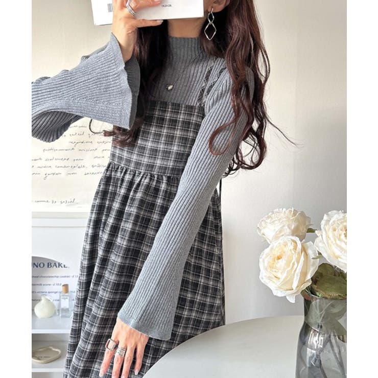 微起毛素材で秋冬にぴったり♪チェック柄ダブルストラップバックリボンキャミワンピ | Classical Elf  | 詳細画像4 