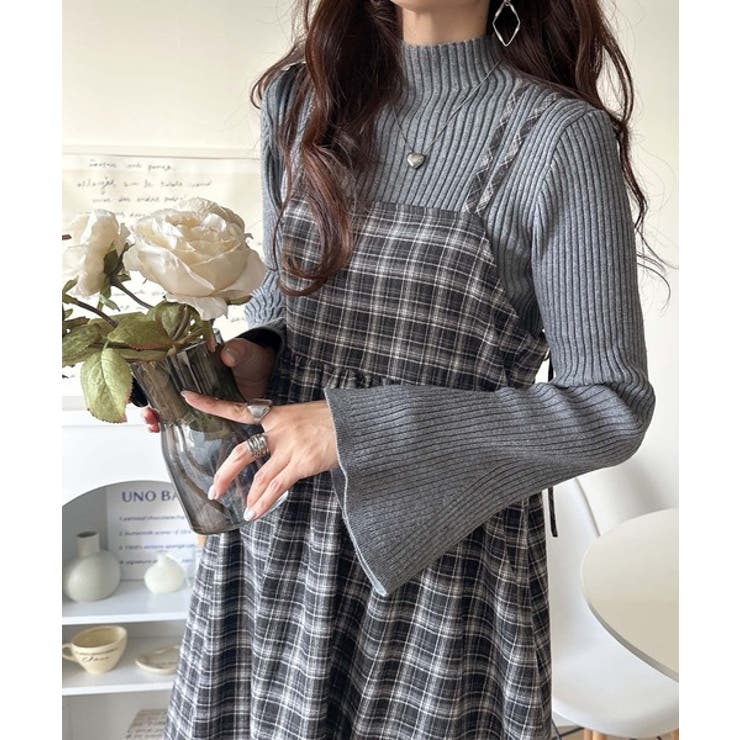 微起毛素材で秋冬にぴったり♪チェック柄ダブルストラップバックリボンキャミワンピ | Classical Elf  | 詳細画像5 