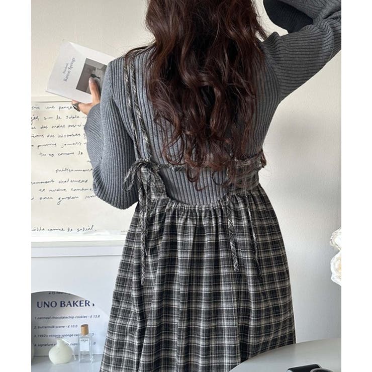 微起毛素材で秋冬にぴったり♪チェック柄ダブルストラップバックリボンキャミワンピ | Classical Elf  | 詳細画像6 