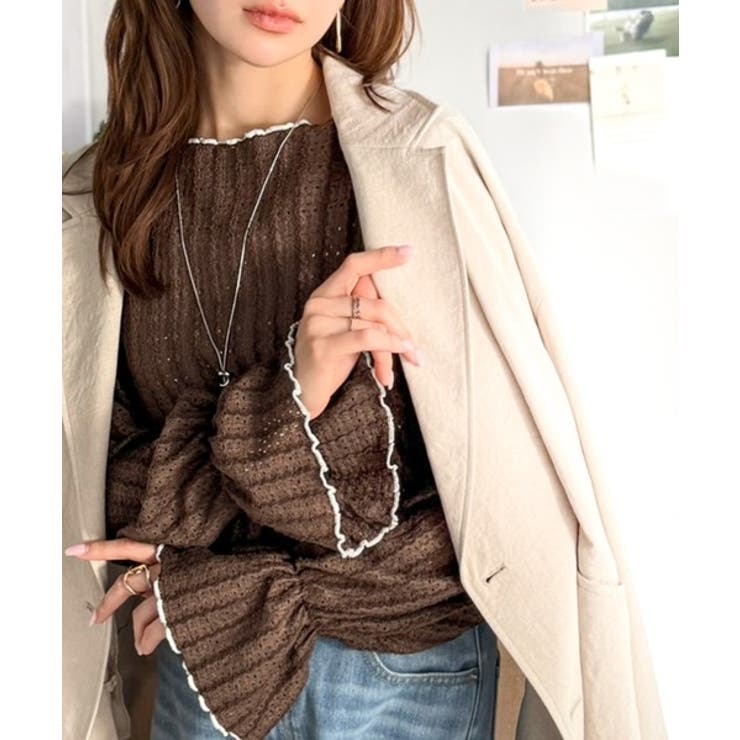 ブラウン | 甘すぎない、透け感フェミニン。透かし編みキャンディスリーブ配色メロウトップス | Classical Elf 