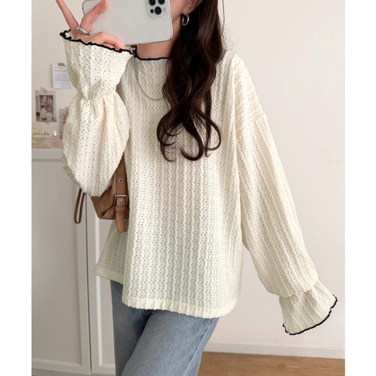 甘すぎない、透け感フェミニン。透かし編みキャンディスリーブ配色メロウトップス | Classical Elf  | 詳細画像10 