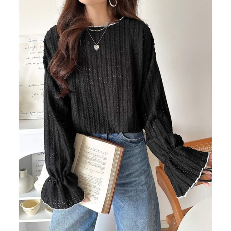 甘すぎない、透け感フェミニン。透かし編みキャンディスリーブ配色メロウトップス | Classical Elf  | 詳細画像14 