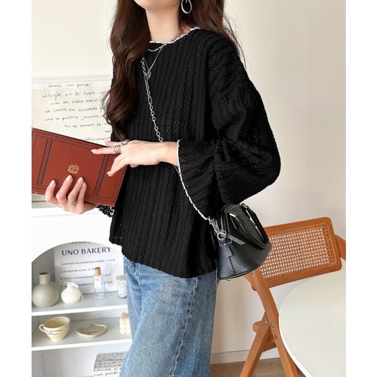 甘すぎない、透け感フェミニン。透かし編みキャンディスリーブ配色メロウトップス | Classical Elf  | 詳細画像18 