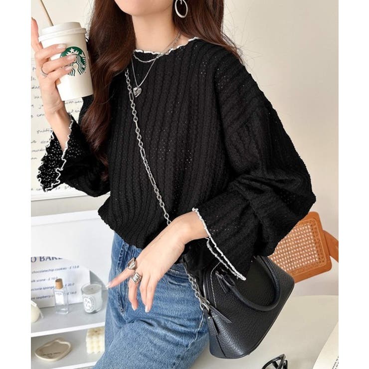 甘すぎない、透け感フェミニン。透かし編みキャンディスリーブ配色メロウトップス | Classical Elf  | 詳細画像2 