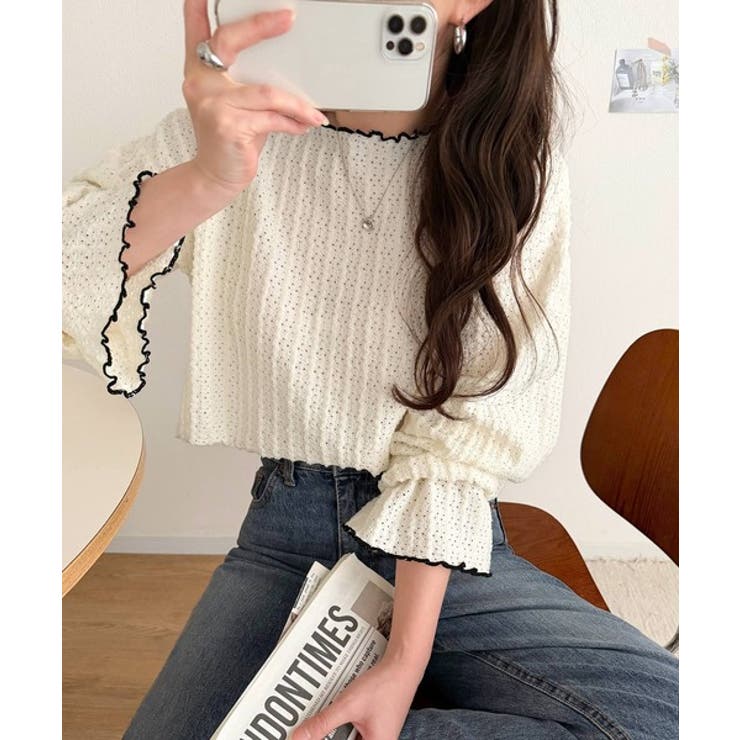 甘すぎない、透け感フェミニン。透かし編みキャンディスリーブ配色メロウトップス | Classical Elf  | 詳細画像6 