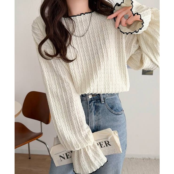 甘すぎない、透け感フェミニン。透かし編みキャンディスリーブ配色メロウトップス | Classical Elf  | 詳細画像7 