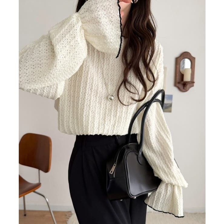 甘すぎない、透け感フェミニン。透かし編みキャンディスリーブ配色メロウトップス | Classical Elf  | 詳細画像9 