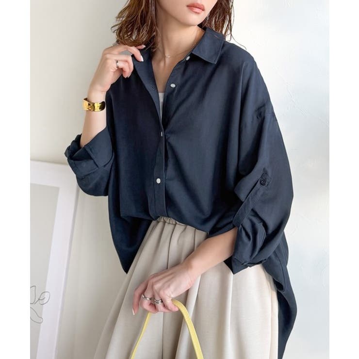 ネイビー | 【機能性素材】軽やかにデイリーに使える。レーヨン麻混オーバーサイズロールアップシ… | Classical Elf 