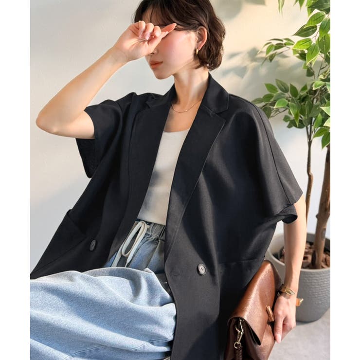 ブラック | 纏うだけで上品見え。リネンライクドルマンスリーブテーラードダブルジャケット（半袖… | Classical Elf 