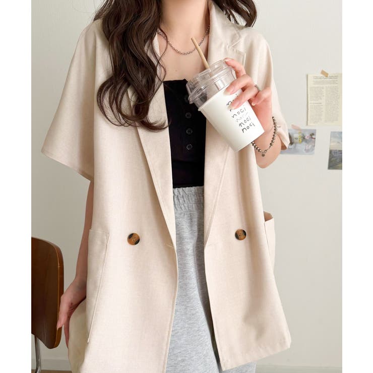 纏うだけで上品見え。リネンライクドルマンスリーブテーラードダブルジャケット（半袖… | Classical Elf  | 詳細画像21 