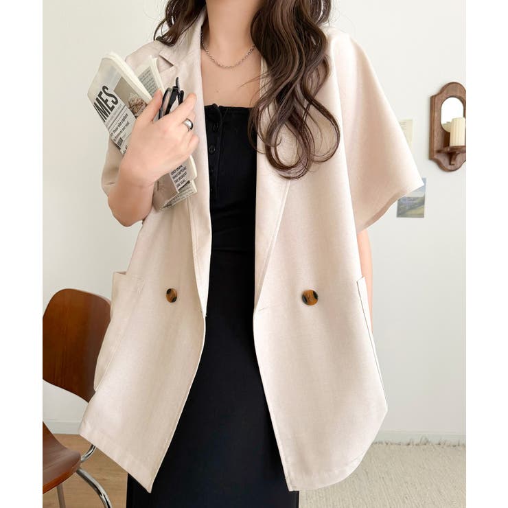ベージュ | 纏うだけで上品見え。リネンライクドルマンスリーブテーラードダブルジャケット（半袖… | Classical Elf 